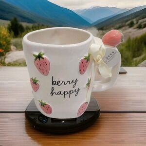NEW! Rae Dunn Pink Strawberry‎ BERRY HAPPY Mug With Strawberry On Handle Summer